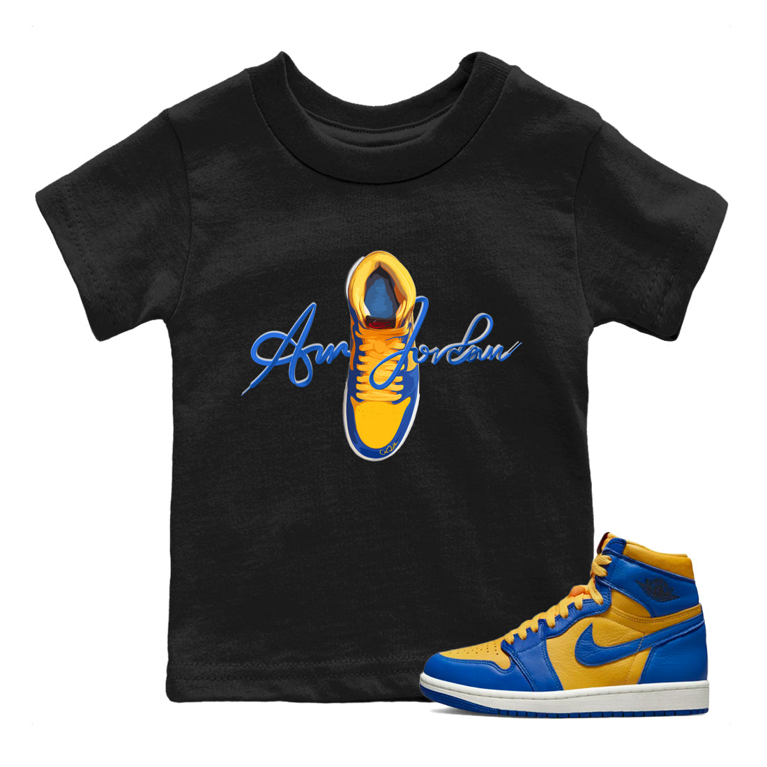 Caligraphy Shoe Lace Kids Tops - Air Jordan 1 Game Royal Varsity Maize