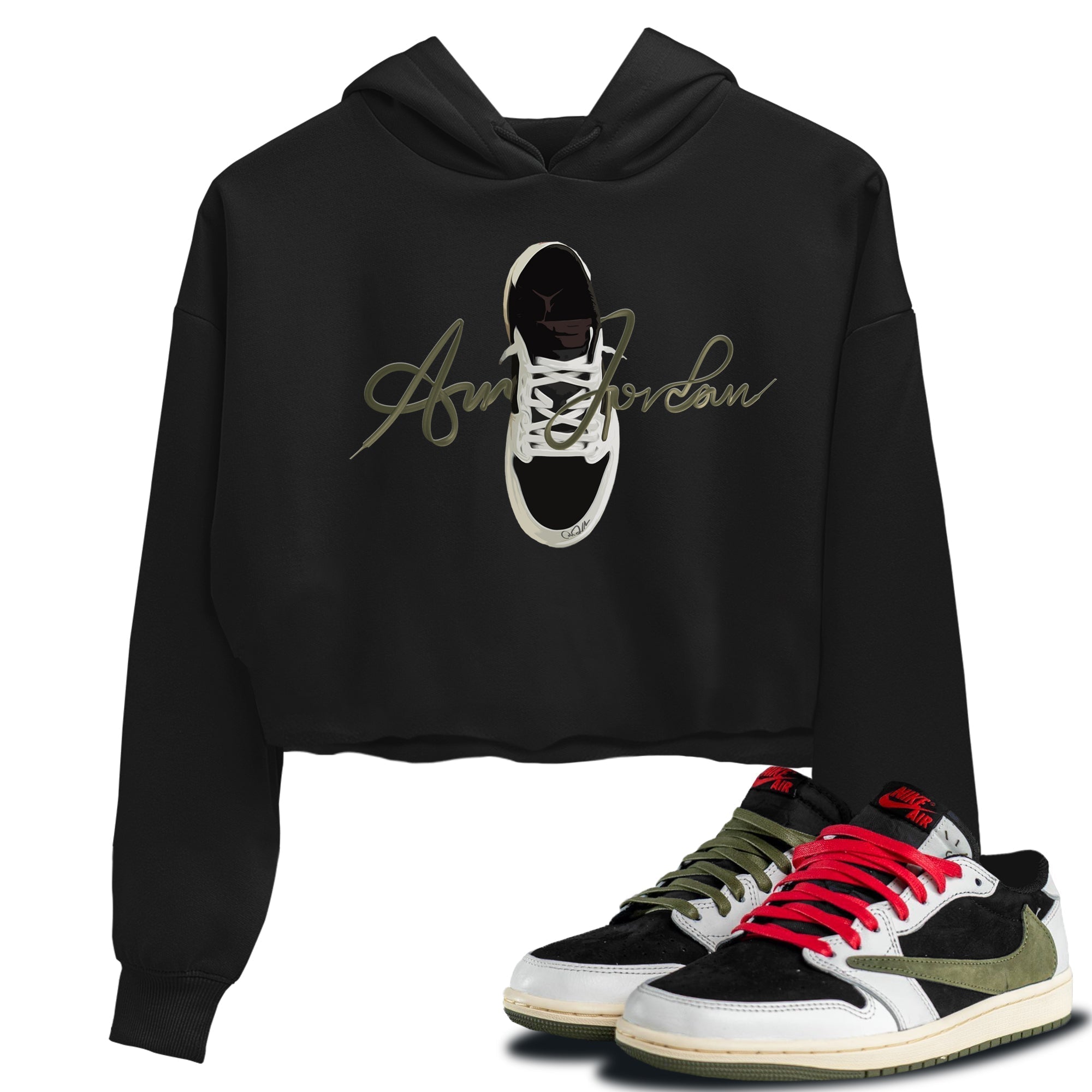 Caligraphy Shoe Lace Women's Tops - Air Jordan 1 Travis Scott Olive