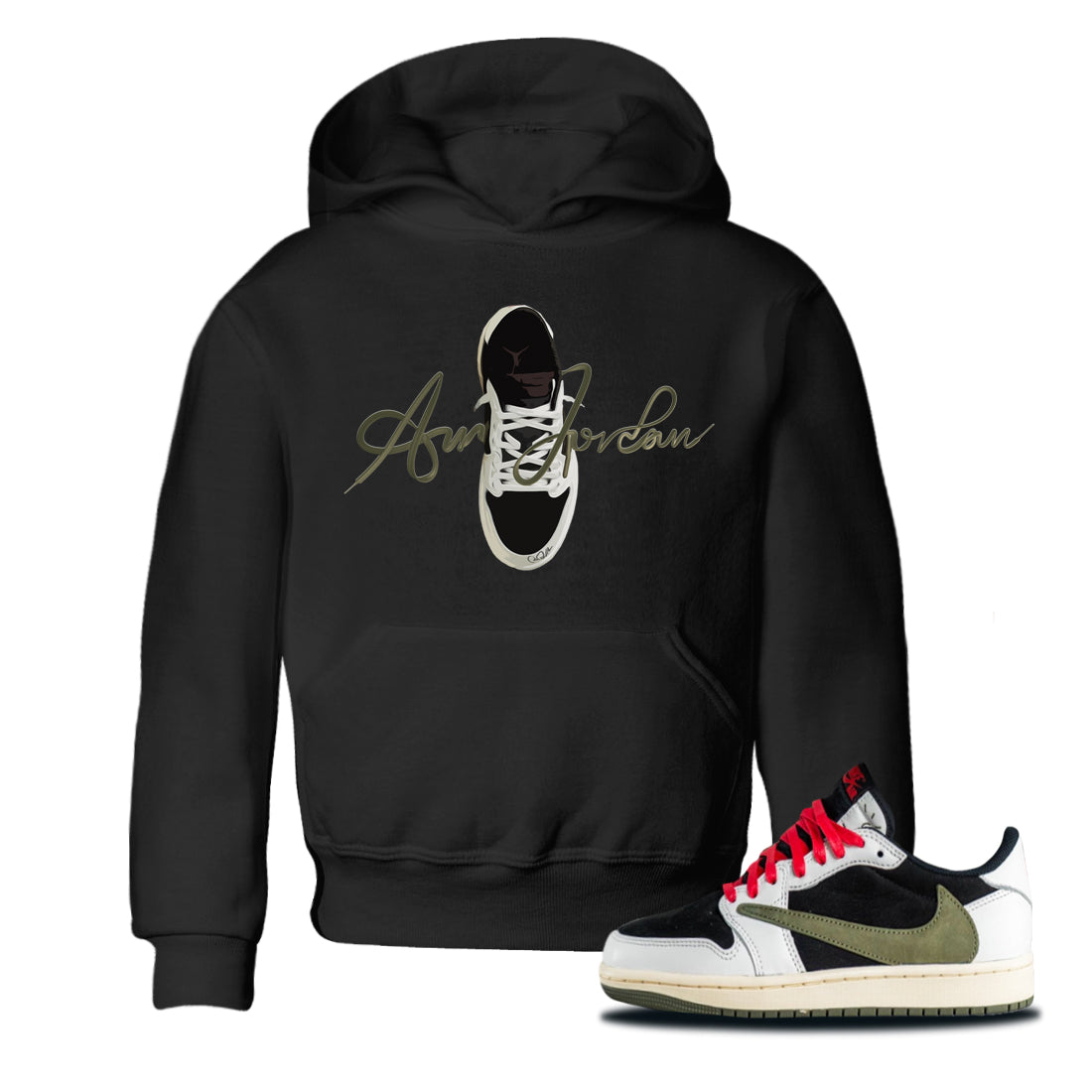 Caligraphy Shoe Lace Kids Tops - Air Jordan 1 Travis Scott Olive