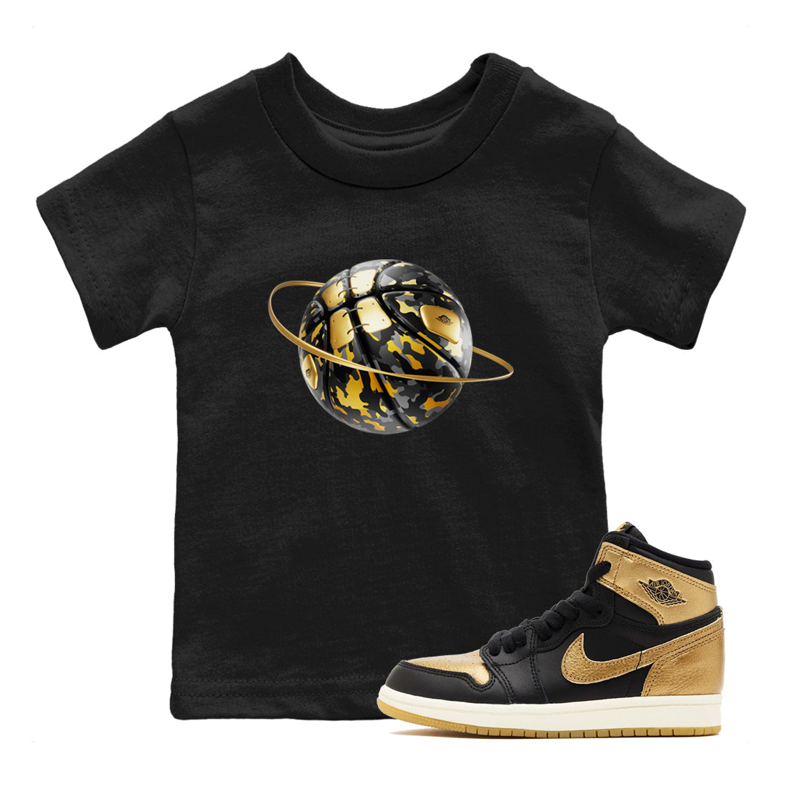 Camo Basketball Planet snkmatch Tees Kids - Air Jordan 1 Black Metallic Gold