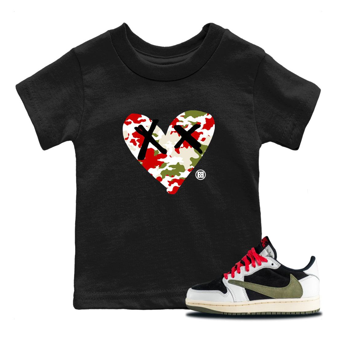 Camo Heart snkmatch Tees Kids - Air Jordan 1 Travis Scott Olive