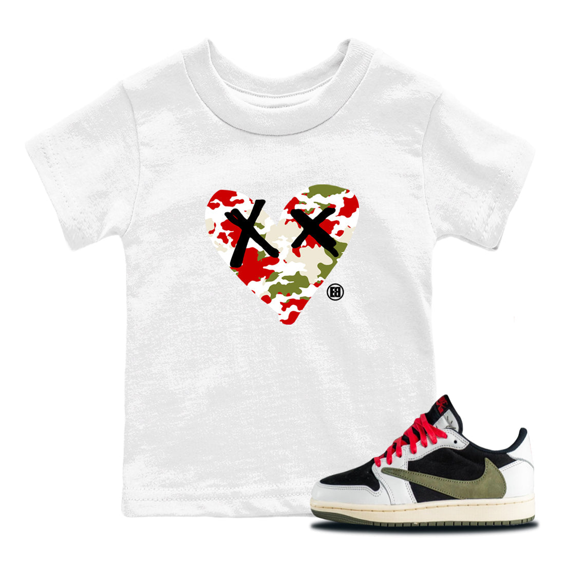 Camo Heart snkmatch Tees Kids - Air Jordan 1 Travis Scott Olive