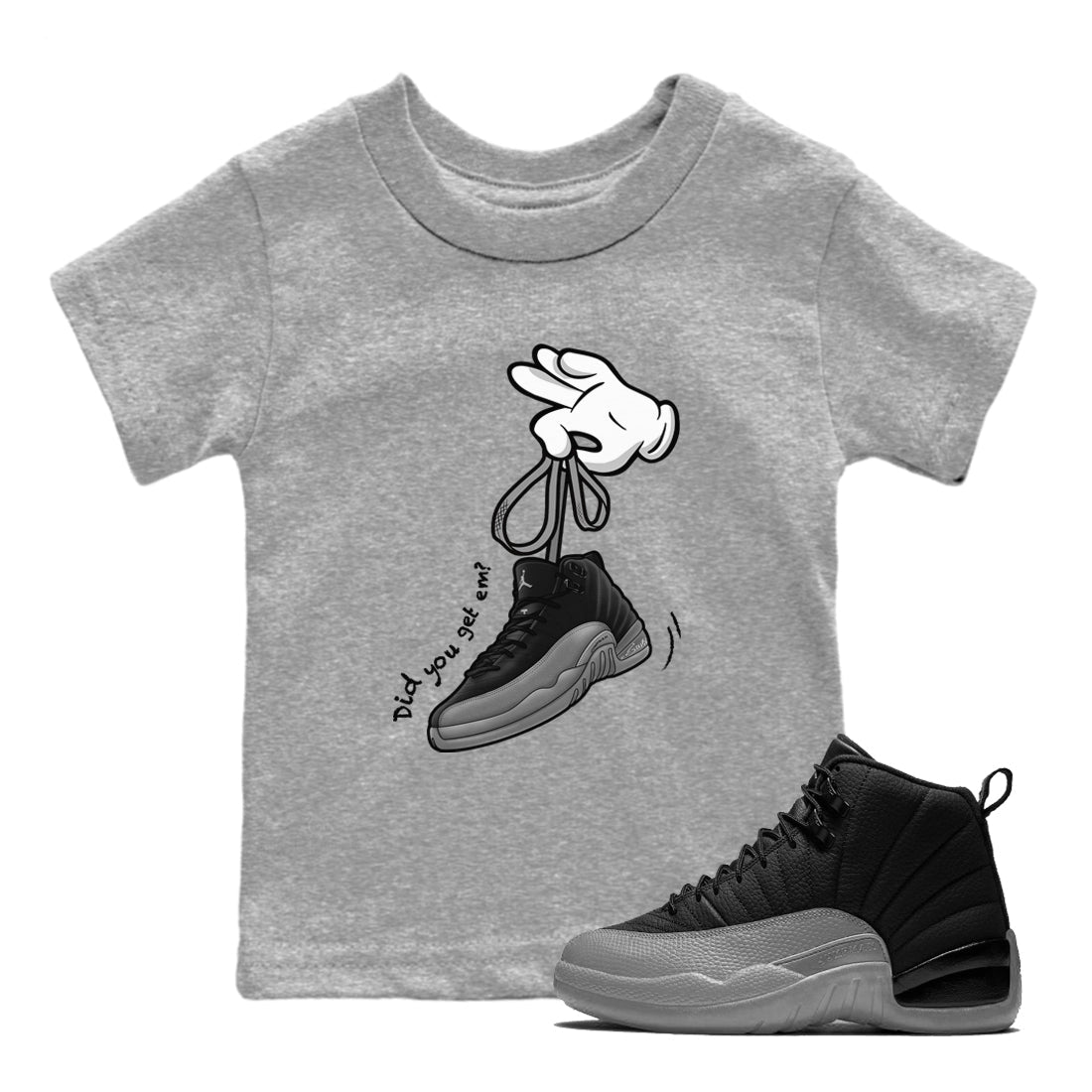 Cartoon Hands snkmatch Tees Kids - Air Jordan 12 Black Wolf Grey