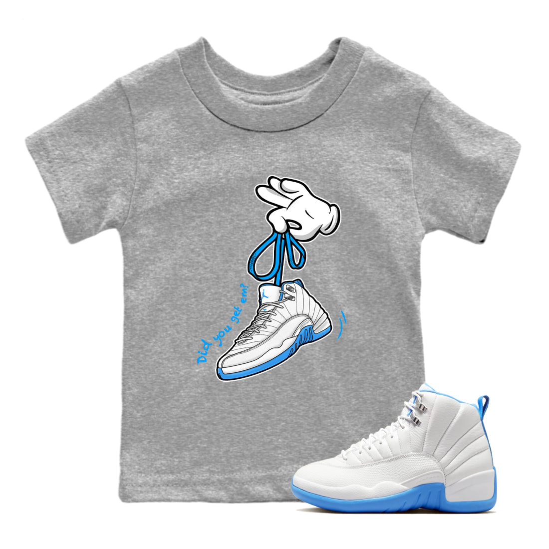 Cartoon Hands snkmatch Tees Kids - Air Jordan 12 White and University Blue