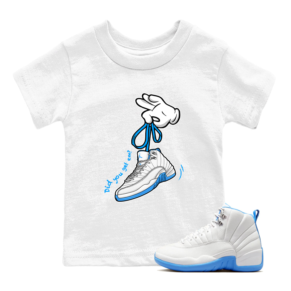 Cartoon Hands snkmatch Tees Kids - Air Jordan 12 White and University Blue