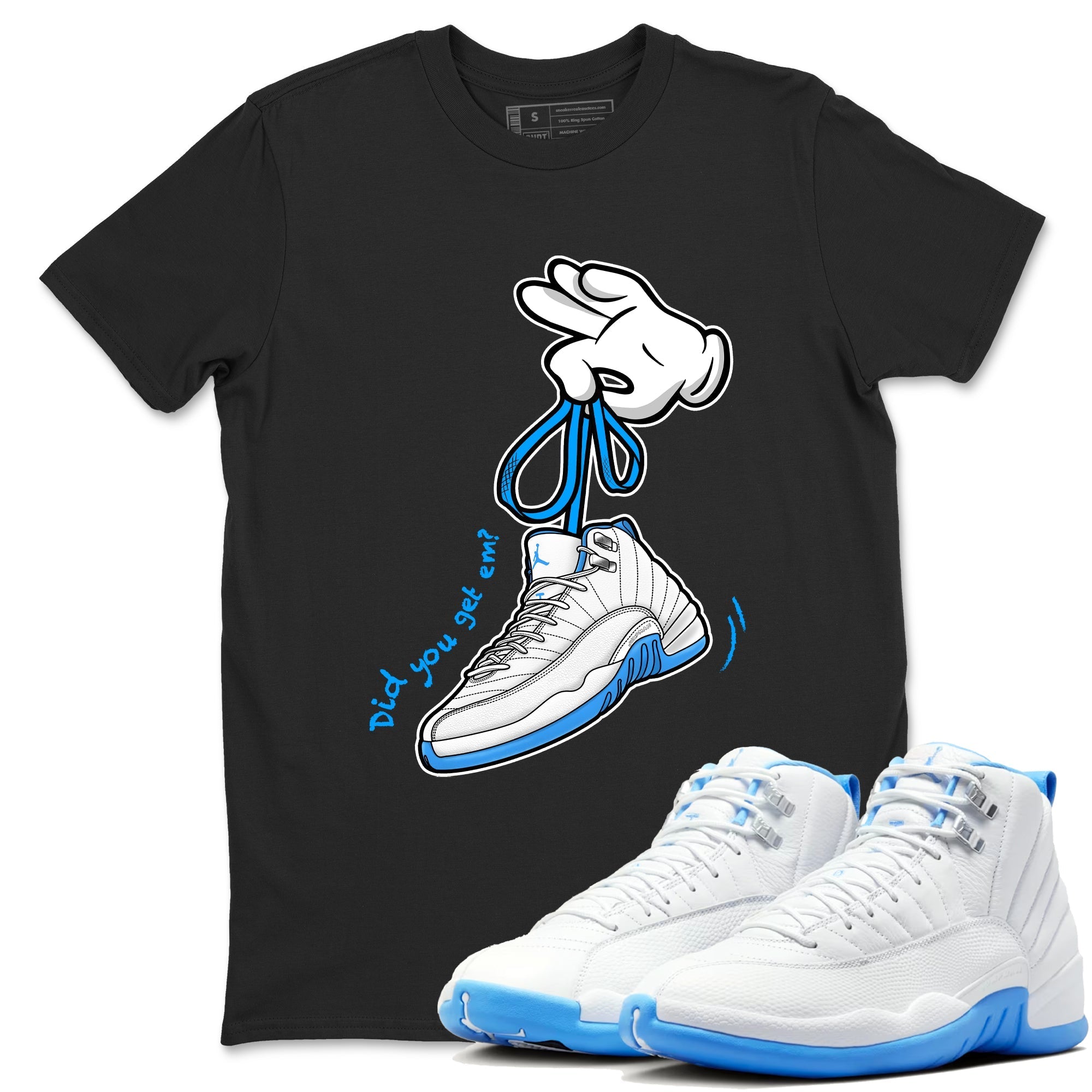 Cartoon Hands snkmatch Tees - Air Jordan 12 White and University Blue