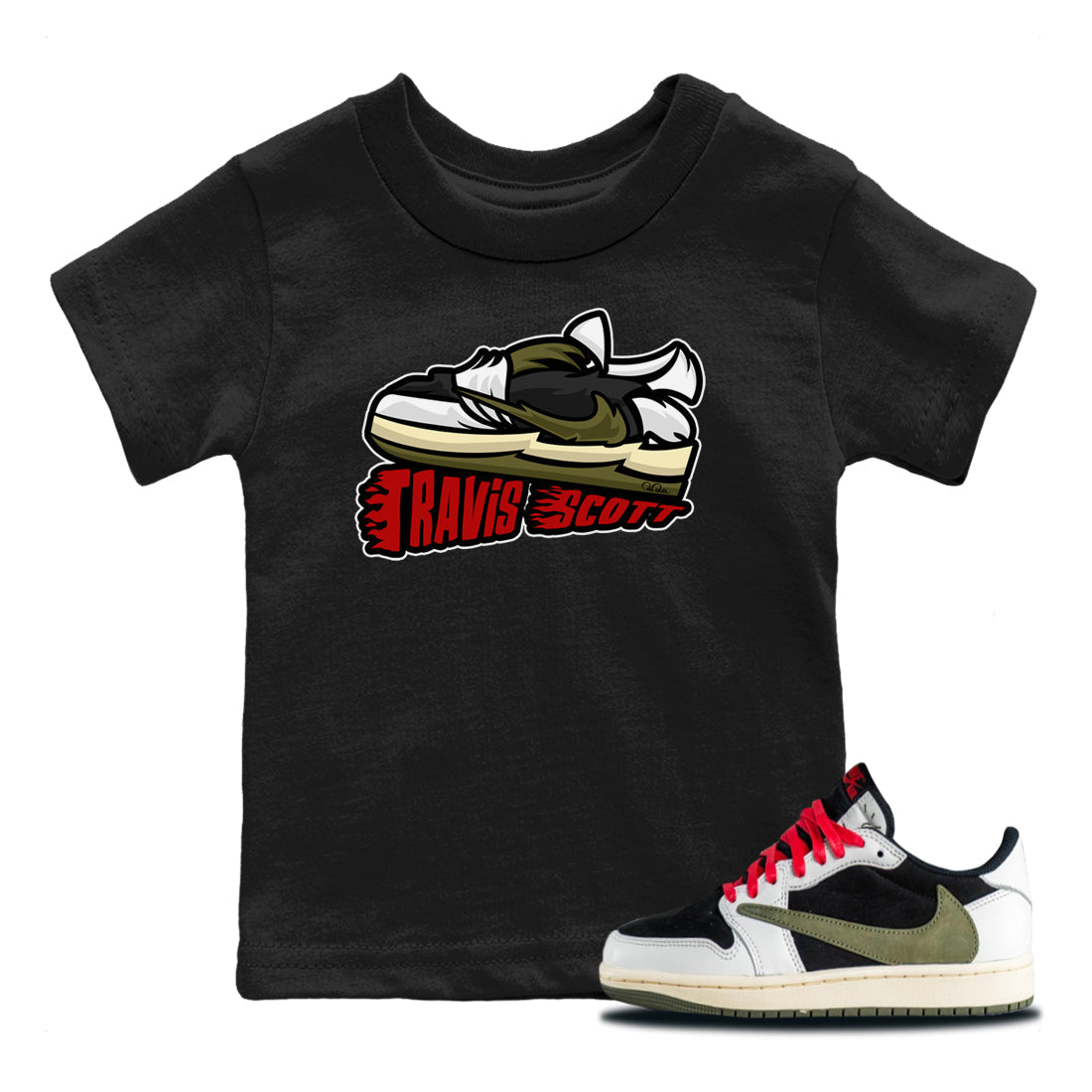 Cartoon Shoes Kids Tops - Air Jordan 1 Travis Scott Olive