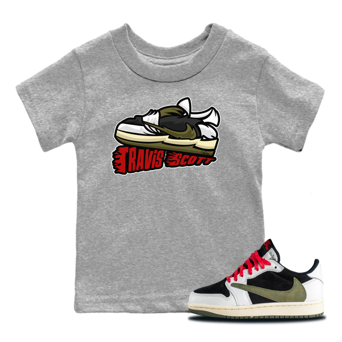 Cartoon Shoes Kids Tops - Air Jordan 1 Travis Scott Olive