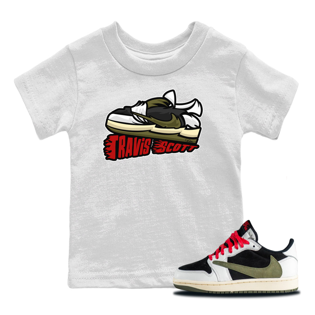 Cartoon Shoes Kids Tops - Air Jordan 1 Travis Scott Olive