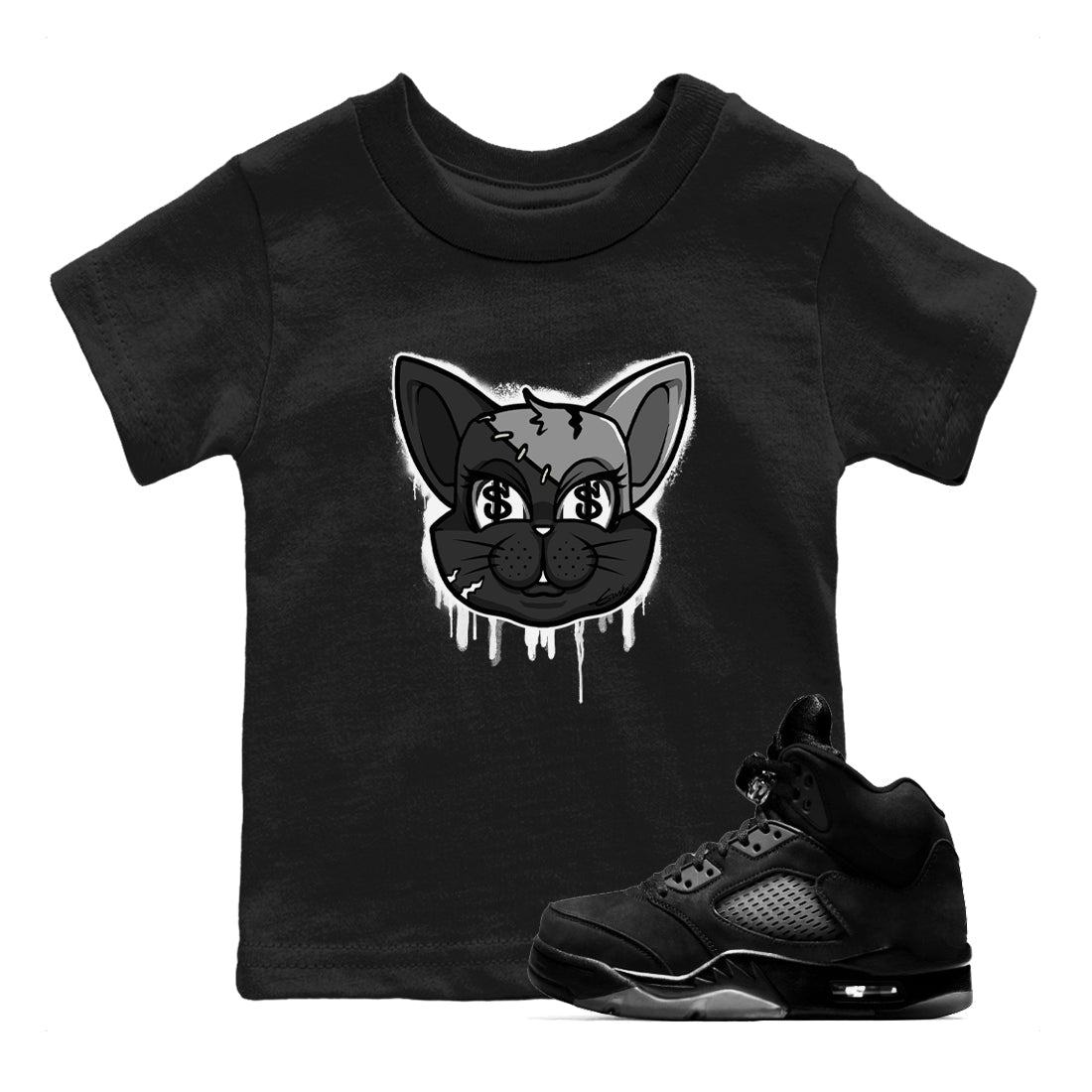 Cat Face snkmatch Tees Kids - Air Jordan 5 Black Cat