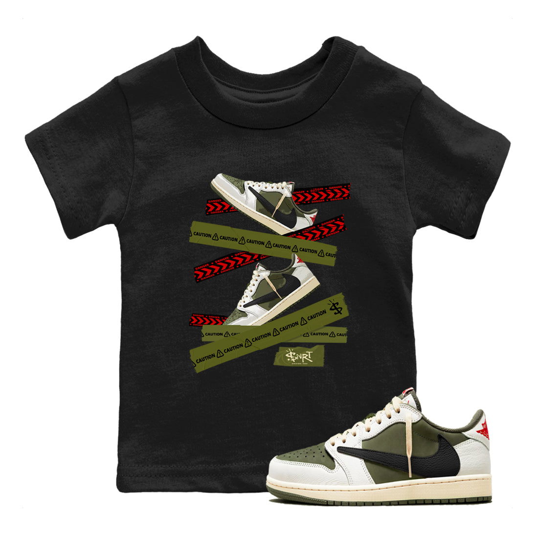 Caution Tape snkmatch Tees Kids - Air Jordan 1 Travis Scott Medium Olive