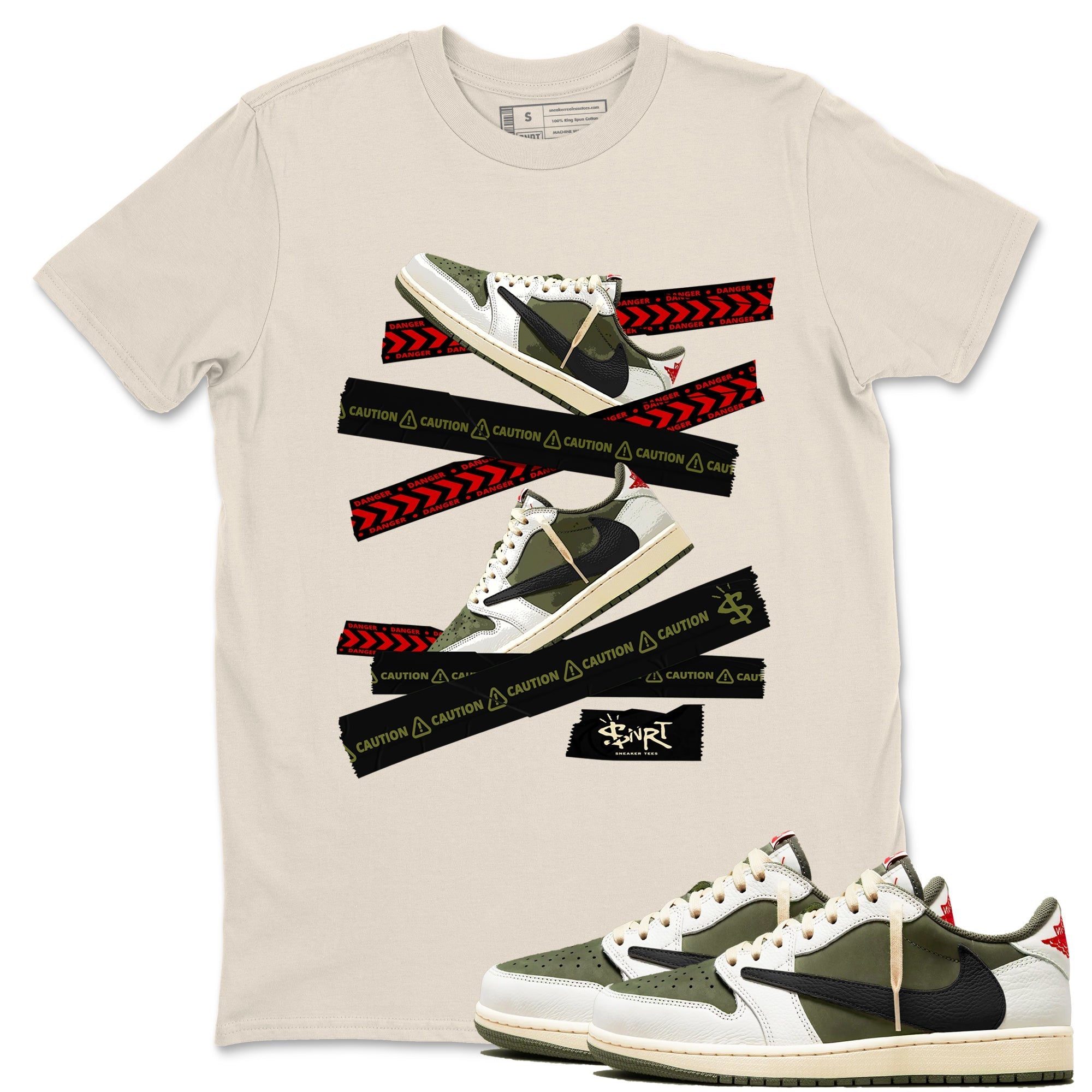 Caution Tape snkmatch Tees - Air Jordan 1 Travis Scott Medium Olive