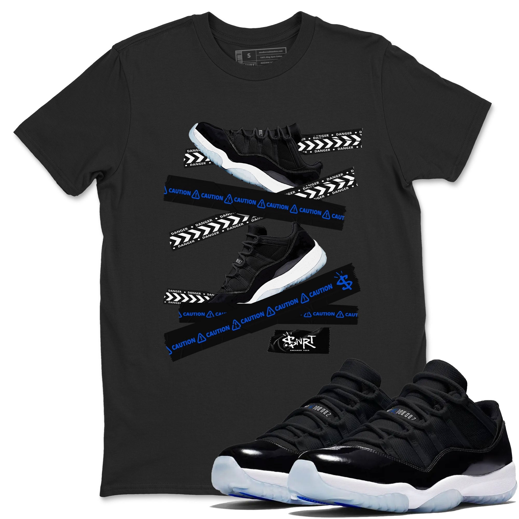 Caution Tape snkmatch Tees - Air Jordan 11 Black and Varsity Royal