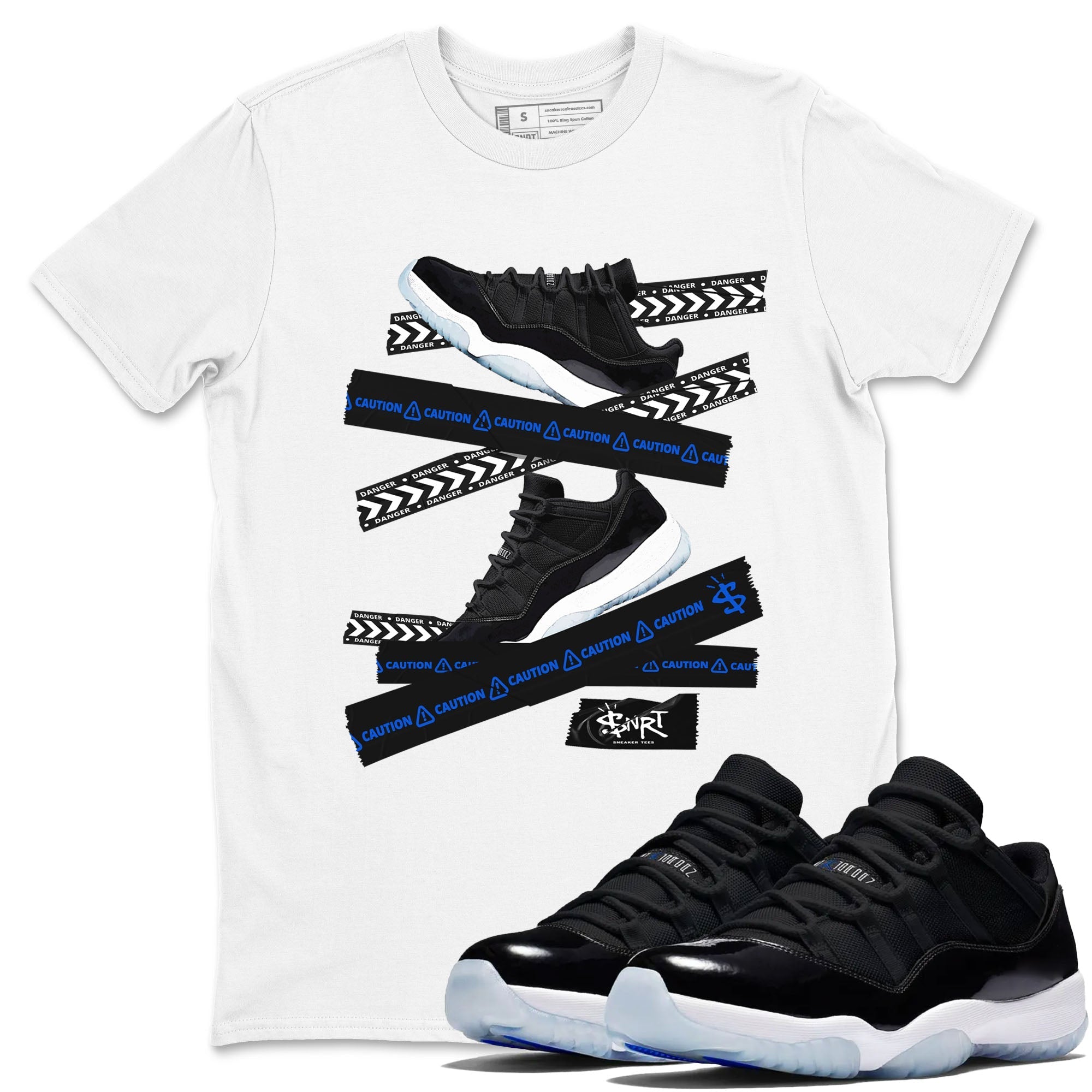 Caution Tape snkmatch Tees - Air Jordan 11 Black and Varsity Royal