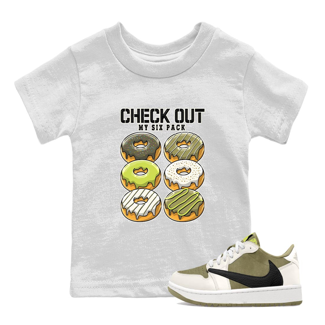Check Out My Six Pack snkmatch Tee Kids - Air Jordan 1 Travis Scott Golf Olive