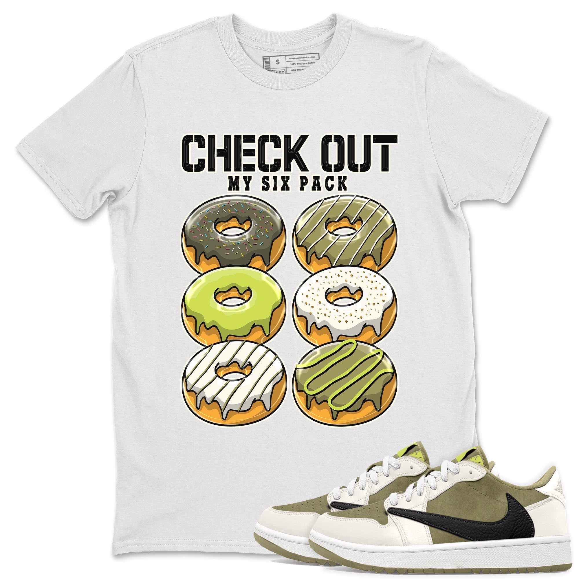 Check Out My Six Pack snkmatch Tee - Air Jordan 1 Travis Scott Golf Olive