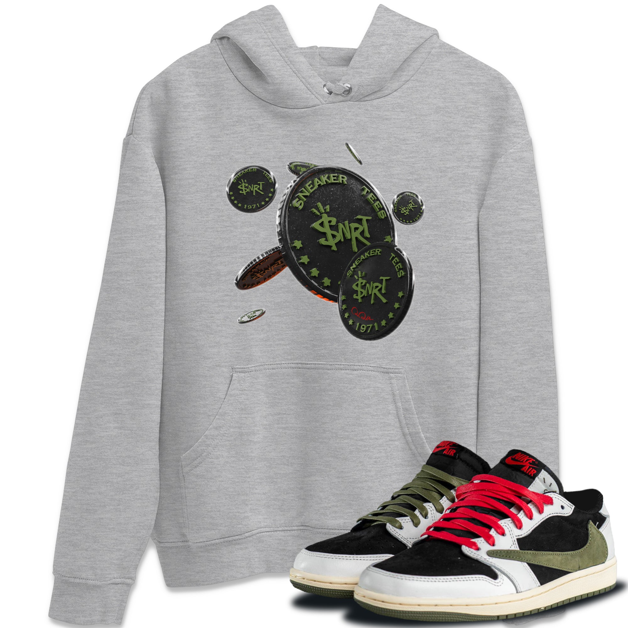 Coin Drop Unisex Tops - Air Jordan 1 Travis Scott Olive