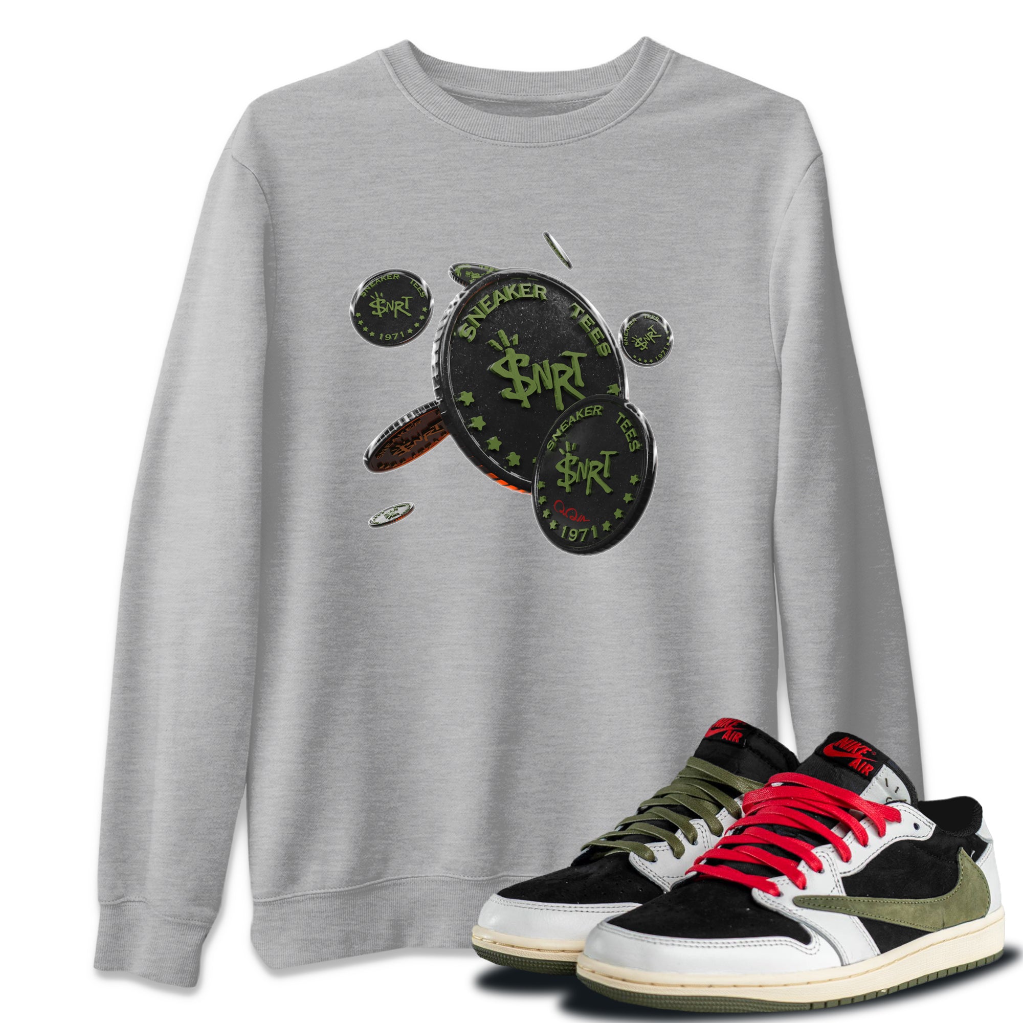 Coin Drop Unisex Tops - Air Jordan 1 Travis Scott Olive