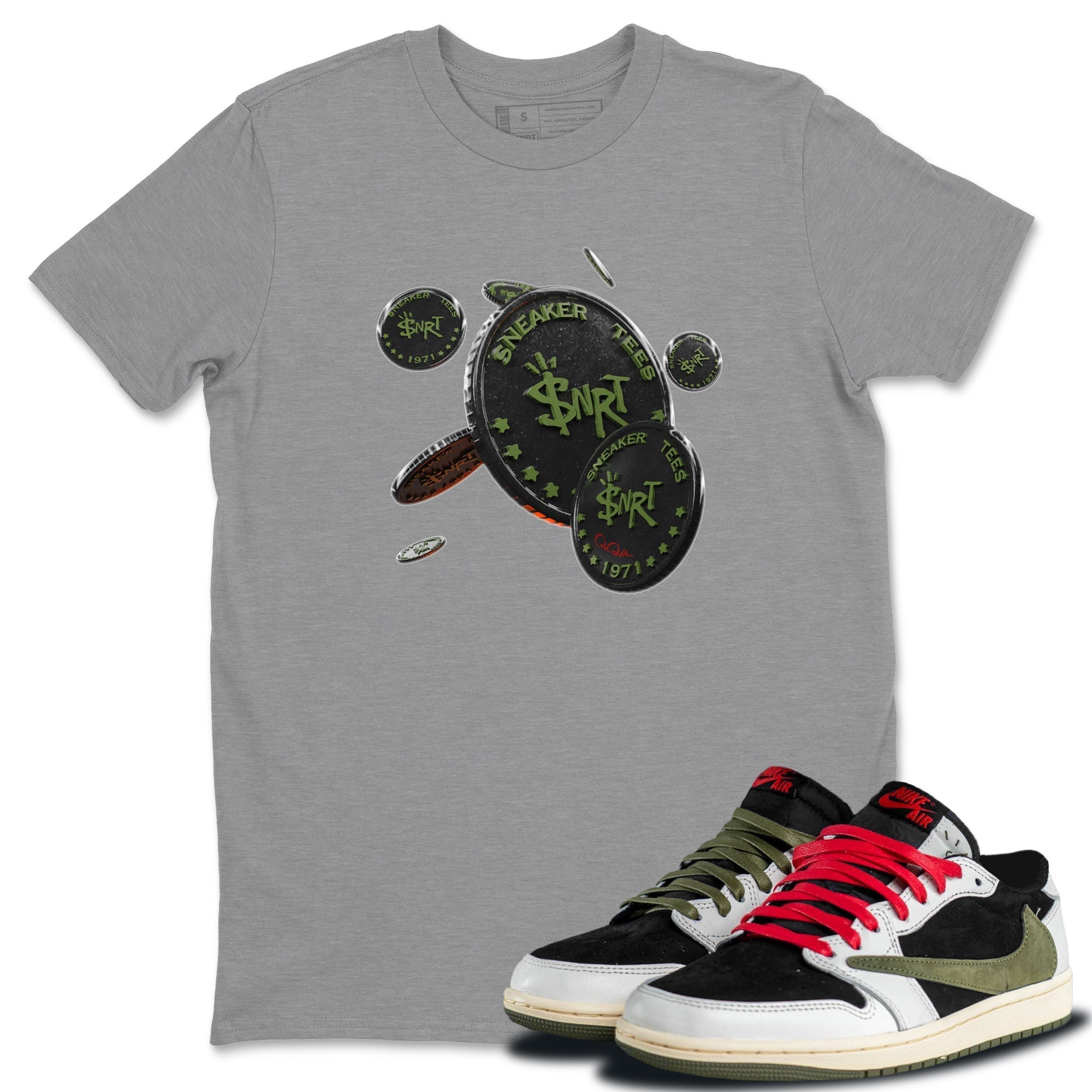 Coin Drop Unisex Tops - Air Jordan 1 Travis Scott Olive