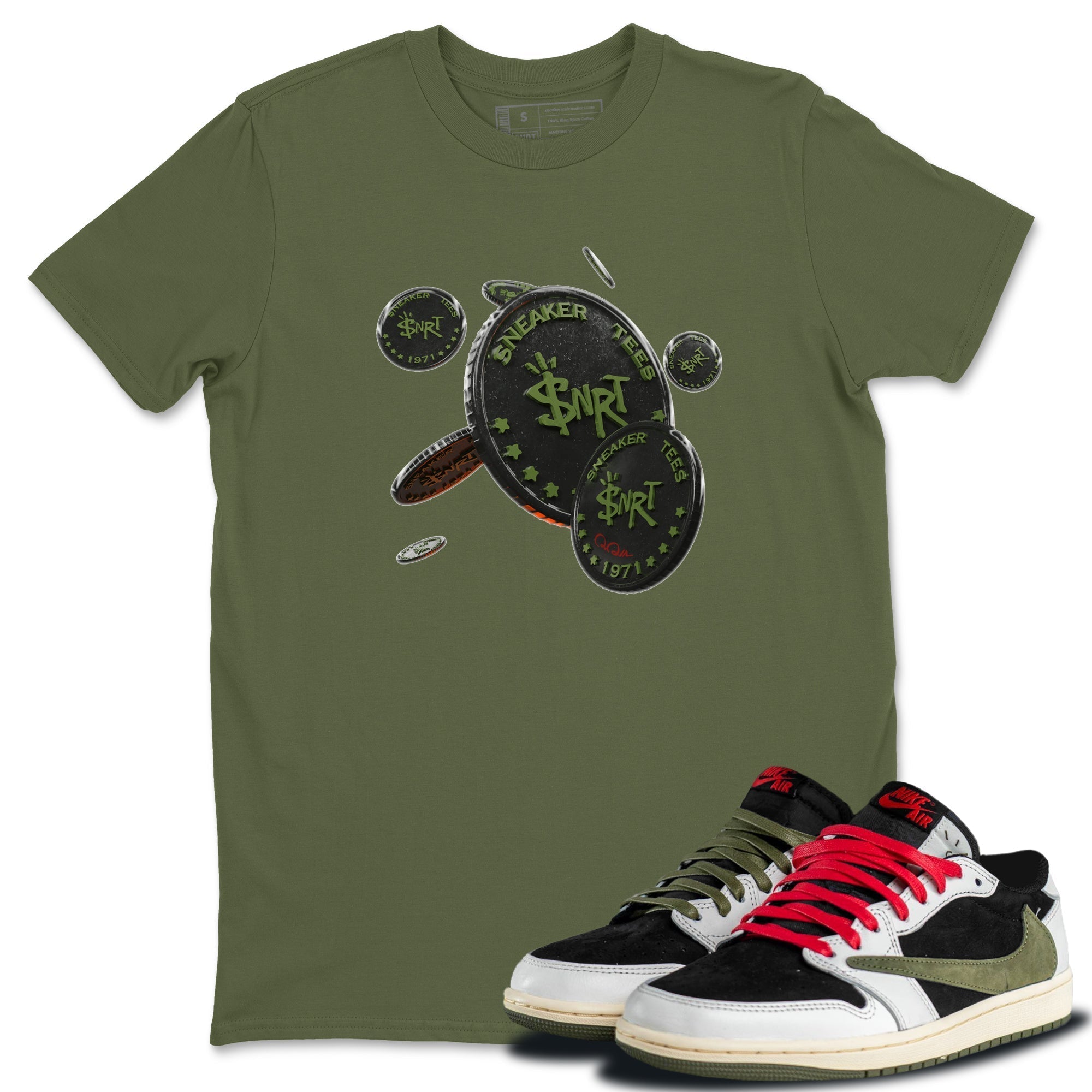 Coin Drop Unisex Tops - Air Jordan 1 Travis Scott Olive