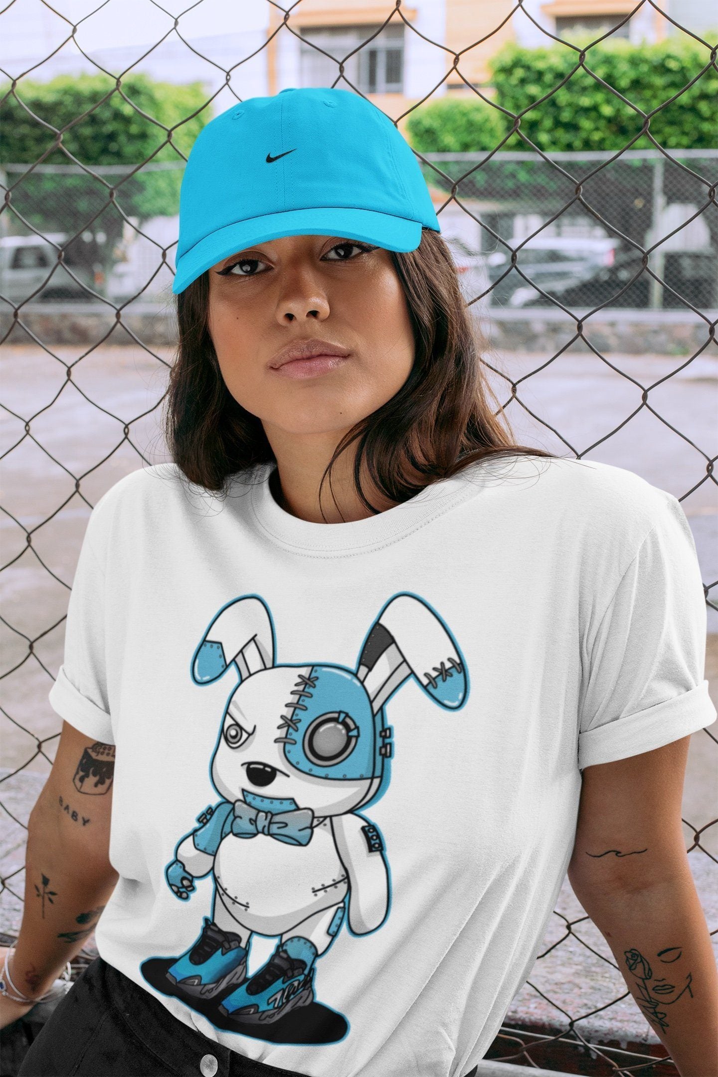 Cyborg Bunny Unisex Tops - Yeezy 700 Bright Cyan