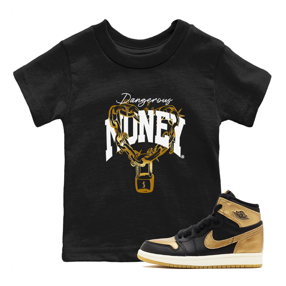 Dangerous Money snkmatch Tees Kids - Air Jordan 1 Black Metallic Gold