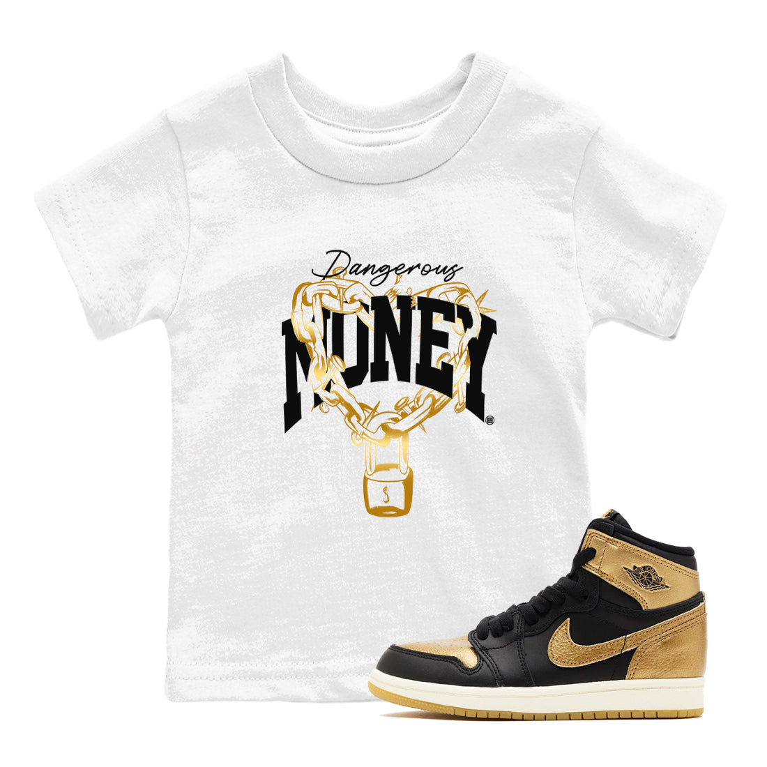 Dangerous Money snkmatch Tees Kids - Air Jordan 1 Black Metallic Gold