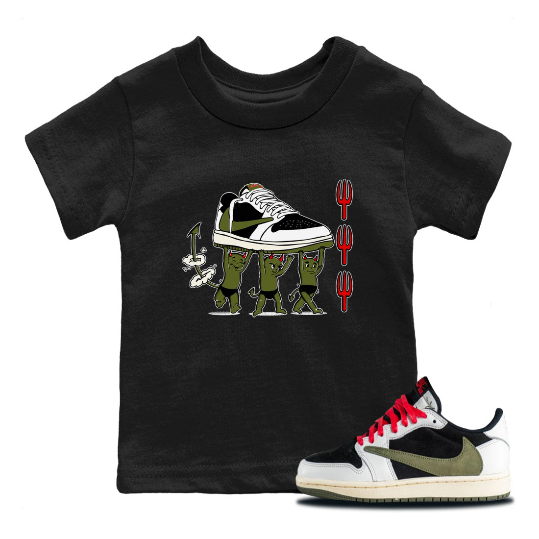 Devil Babies snkmatch Tees Kids - Air Jordan 1 Travis Scott Olive