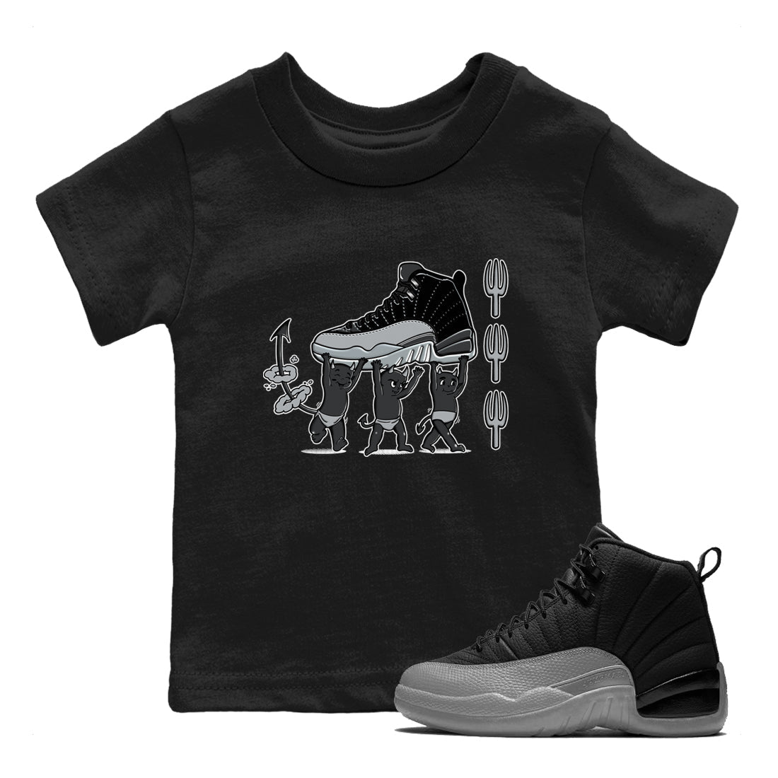 Devil Babies snkmatch Tees Kids - Air Jordan 12 Black Wolf Grey