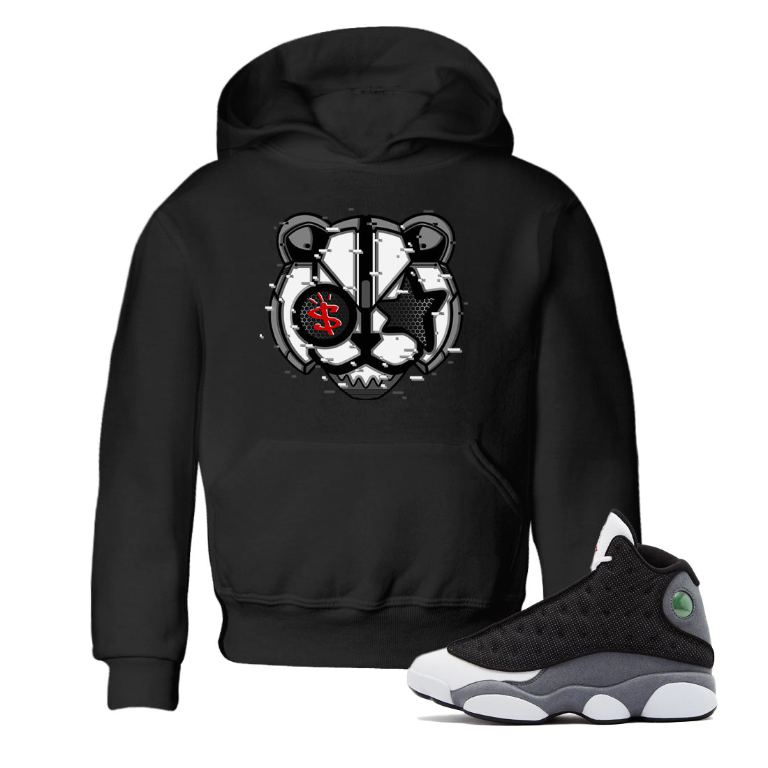 Digital Cat Face Kids Tops - Air Jordan 13 Black Flint