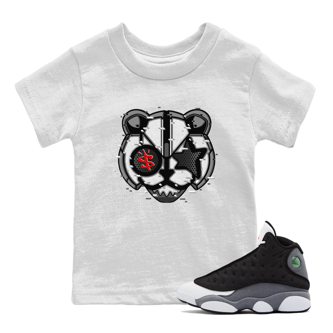 Digital Cat Face Kids Tops - Air Jordan 13 Black Flint