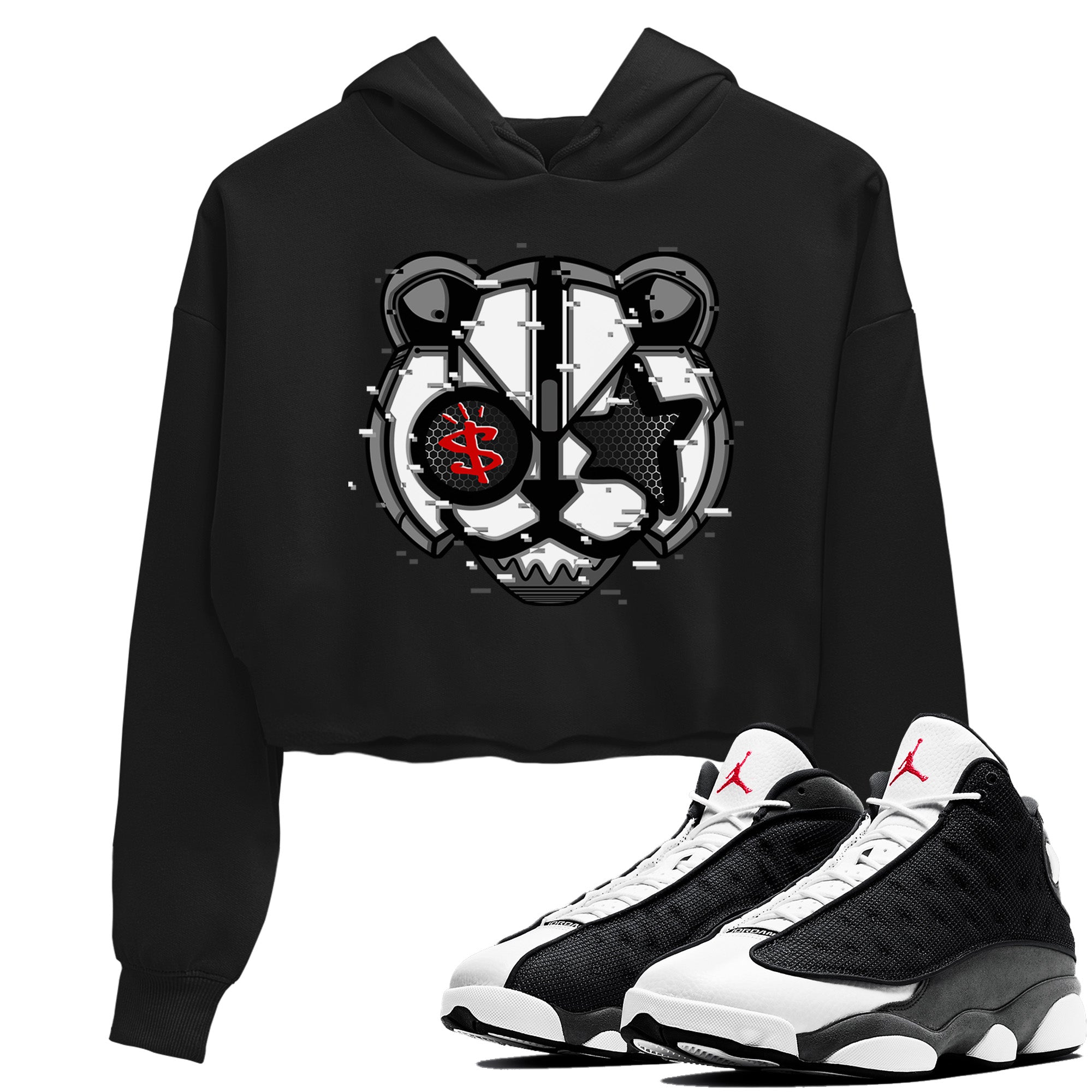 Digital Cat Face Women's Tops - Air Jordan 13 Black Flint