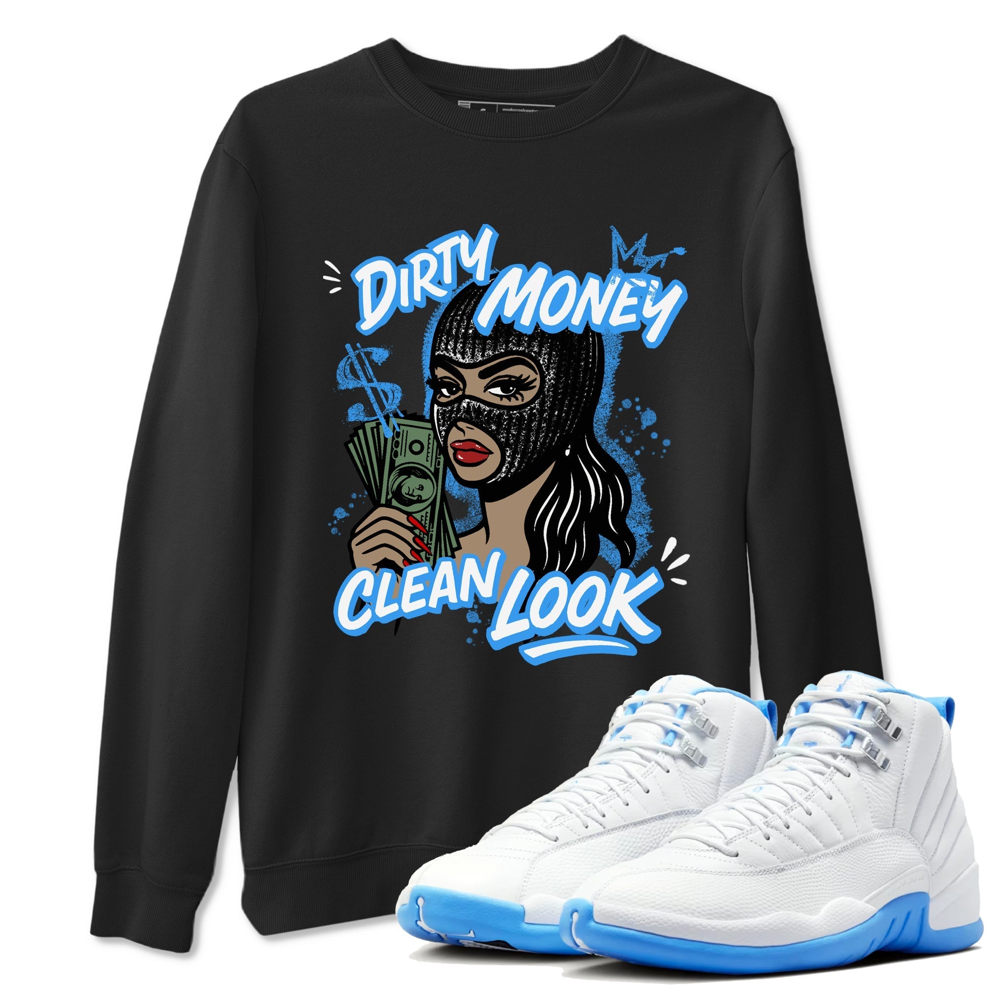 Dirty Money Clean Look snkmatch Tees - Air Jordan 12 White and University Blue