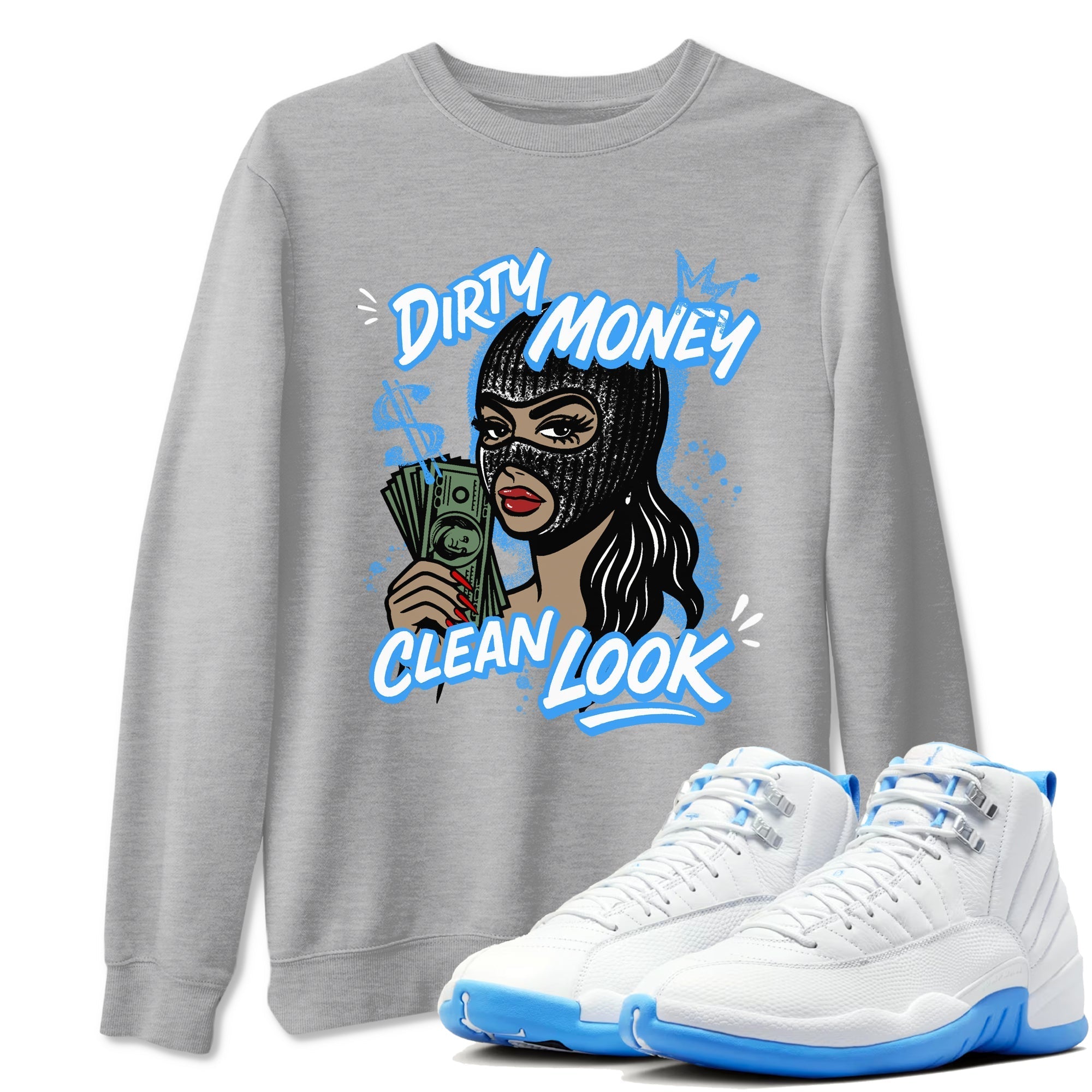 Dirty Money Clean Look snkmatch Tees - Air Jordan 12 White and University Blue