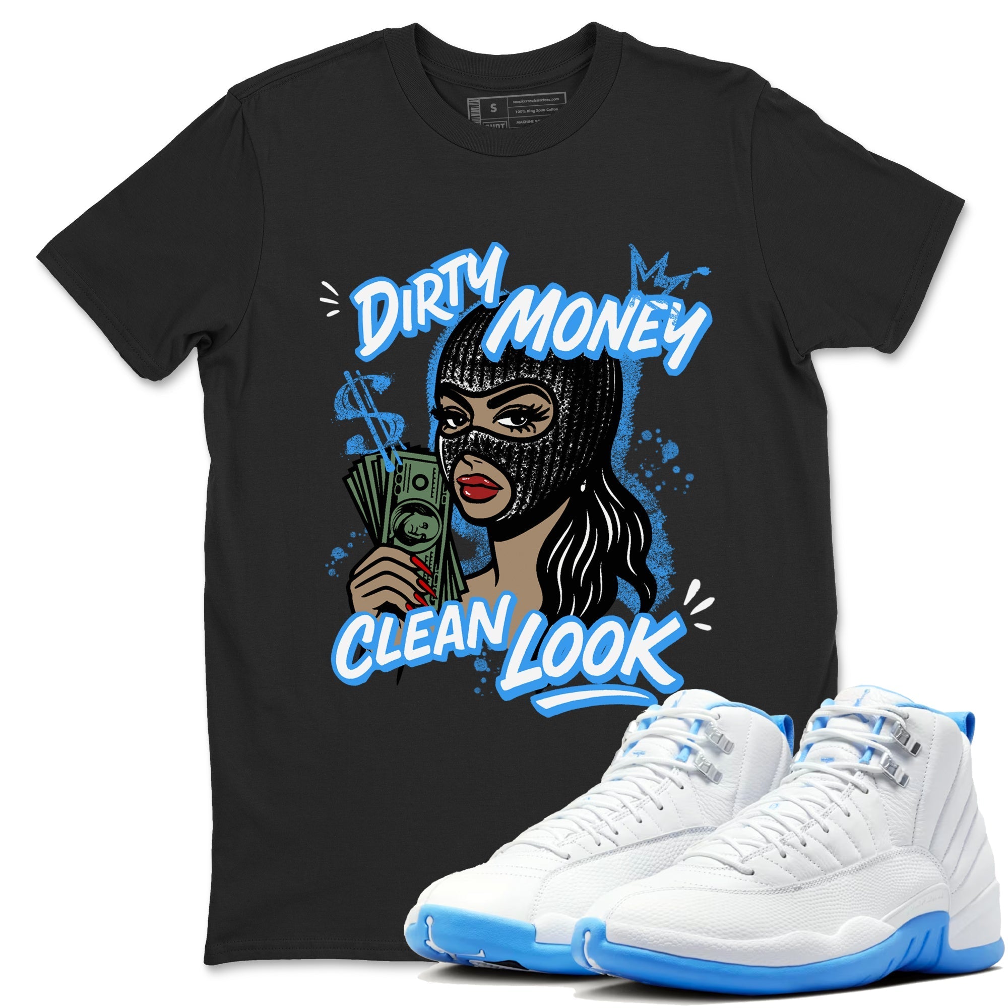 Dirty Money Clean Look snkmatch Tees - Air Jordan 12 White and University Blue