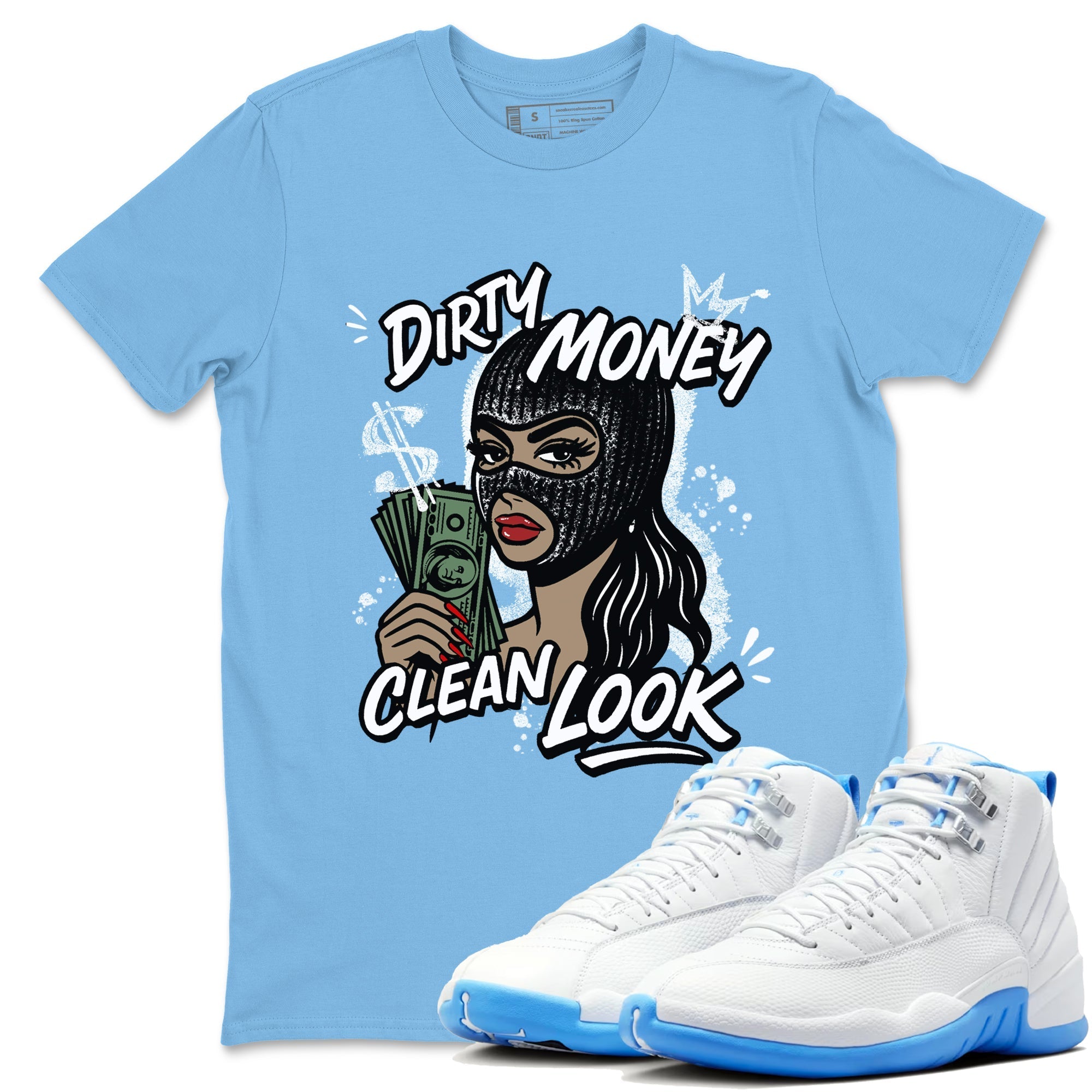 Dirty Money Clean Look snkmatch Tees - Air Jordan 12 White and University Blue