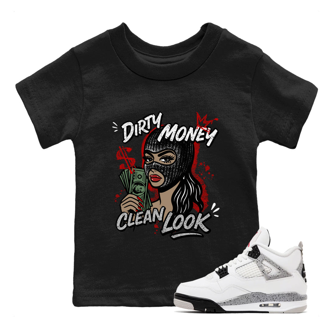 Dirty Money Clean Look snkmatch Tees Kids - Air Jordan 4 White Cement