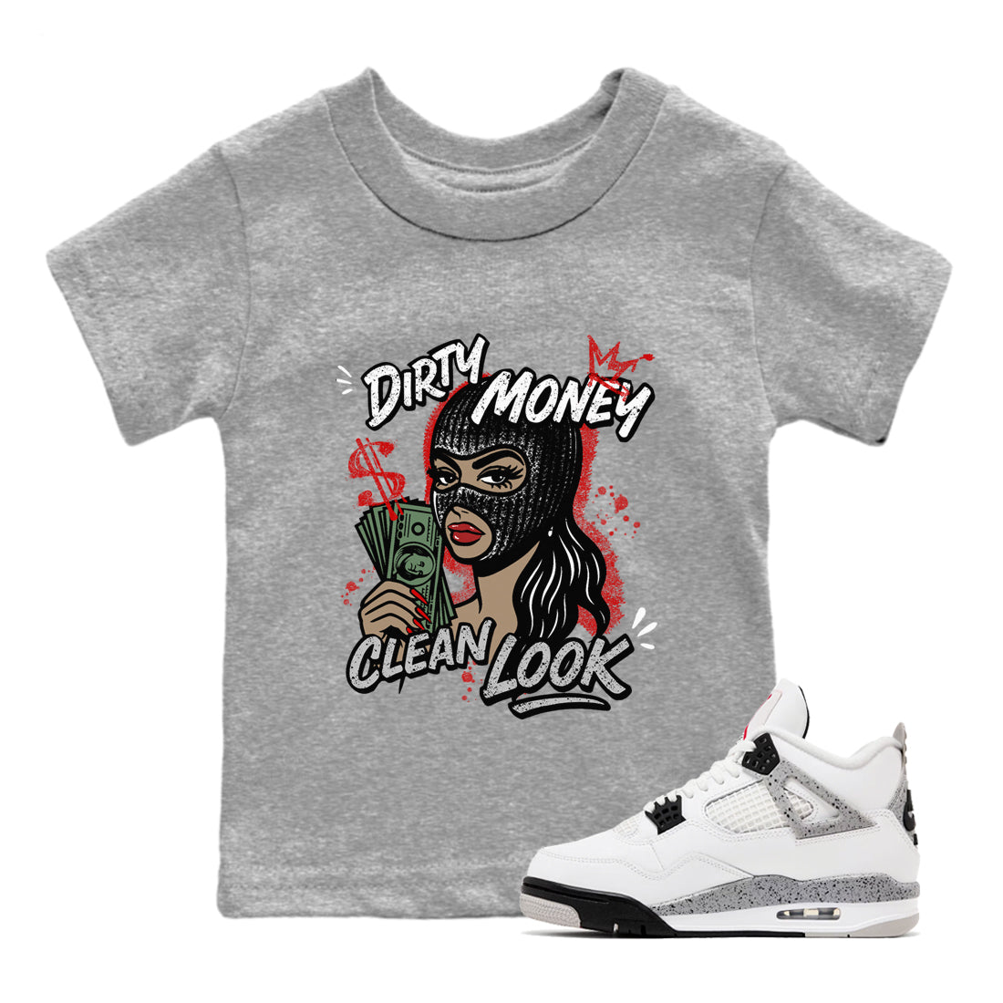 Dirty Money Clean Look snkmatch Tees Kids - Air Jordan 4 White Cement
