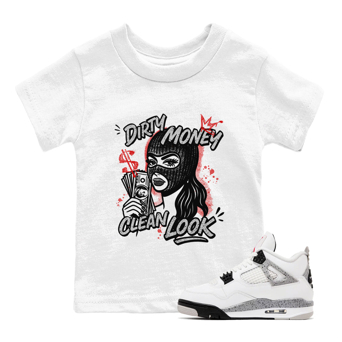 Dirty Money Clean Look snkmatch Tees Kids - Air Jordan 4 White Cement