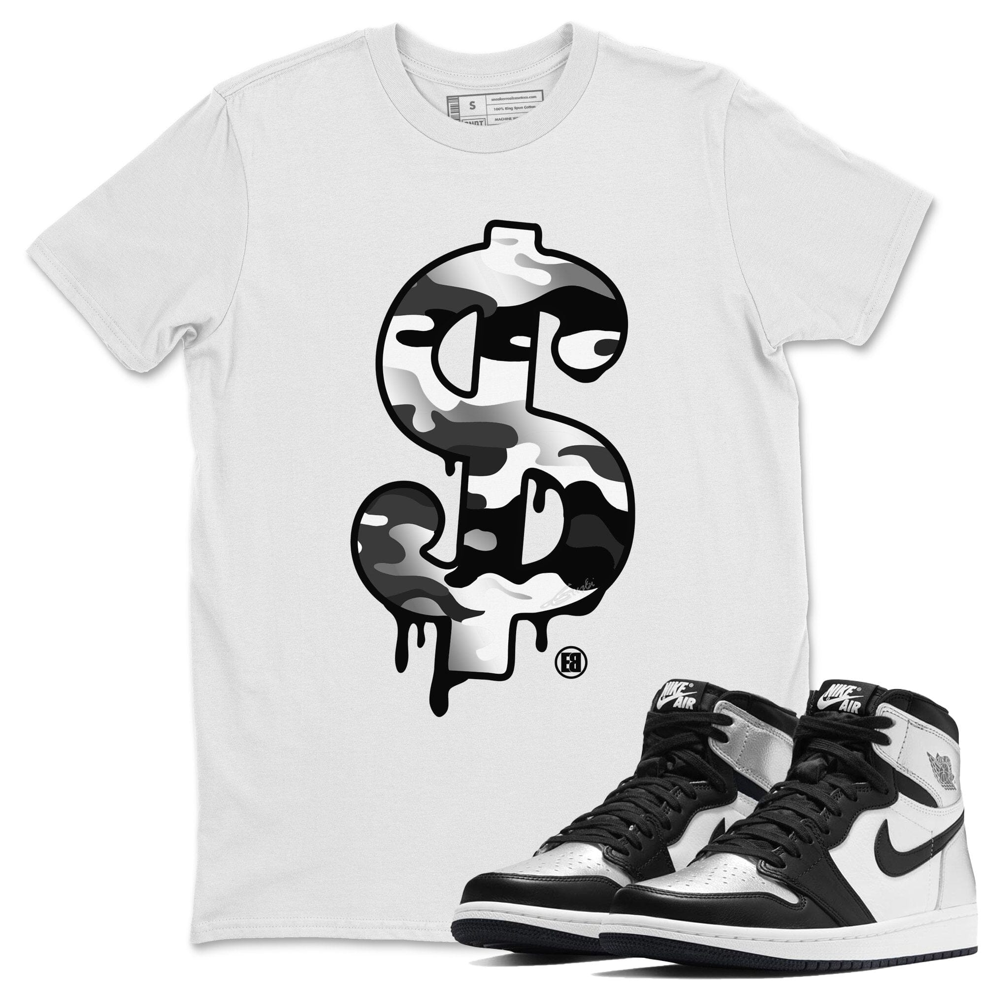 Dollar Camo Unisex Tops - Air Jordan 1 Silver Toe