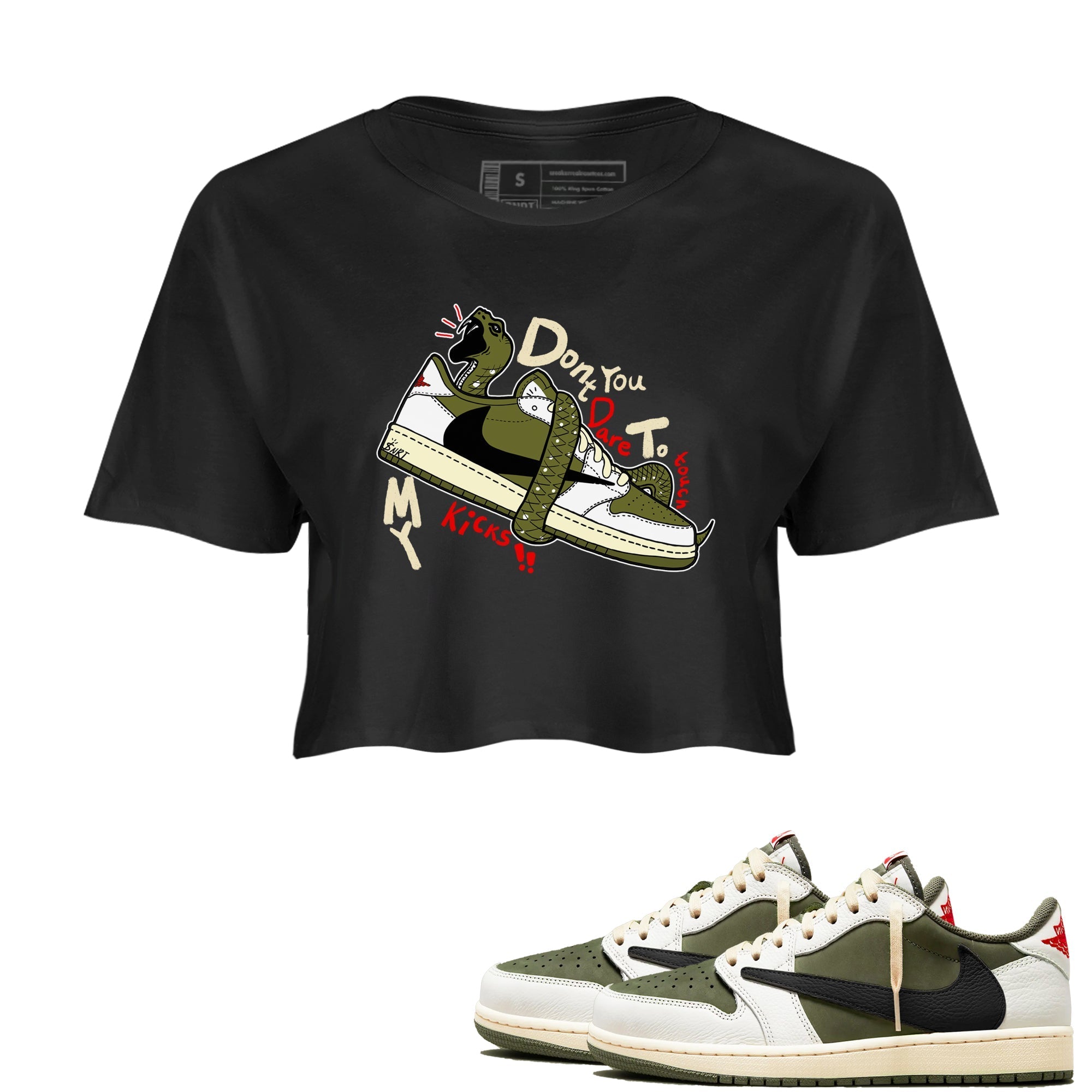 Don't Touch My Kicks snkmatch Women's Top - Air Jordan 1 Travis Scott Medium Olive