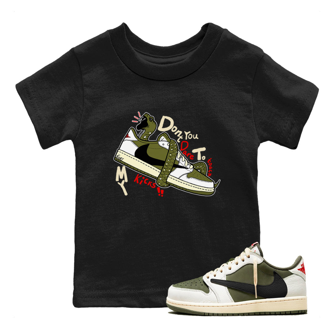Don't Touch My Kicks snkmatch Tees Kids - Air Jordan 1 Travis Scott Medium Olive