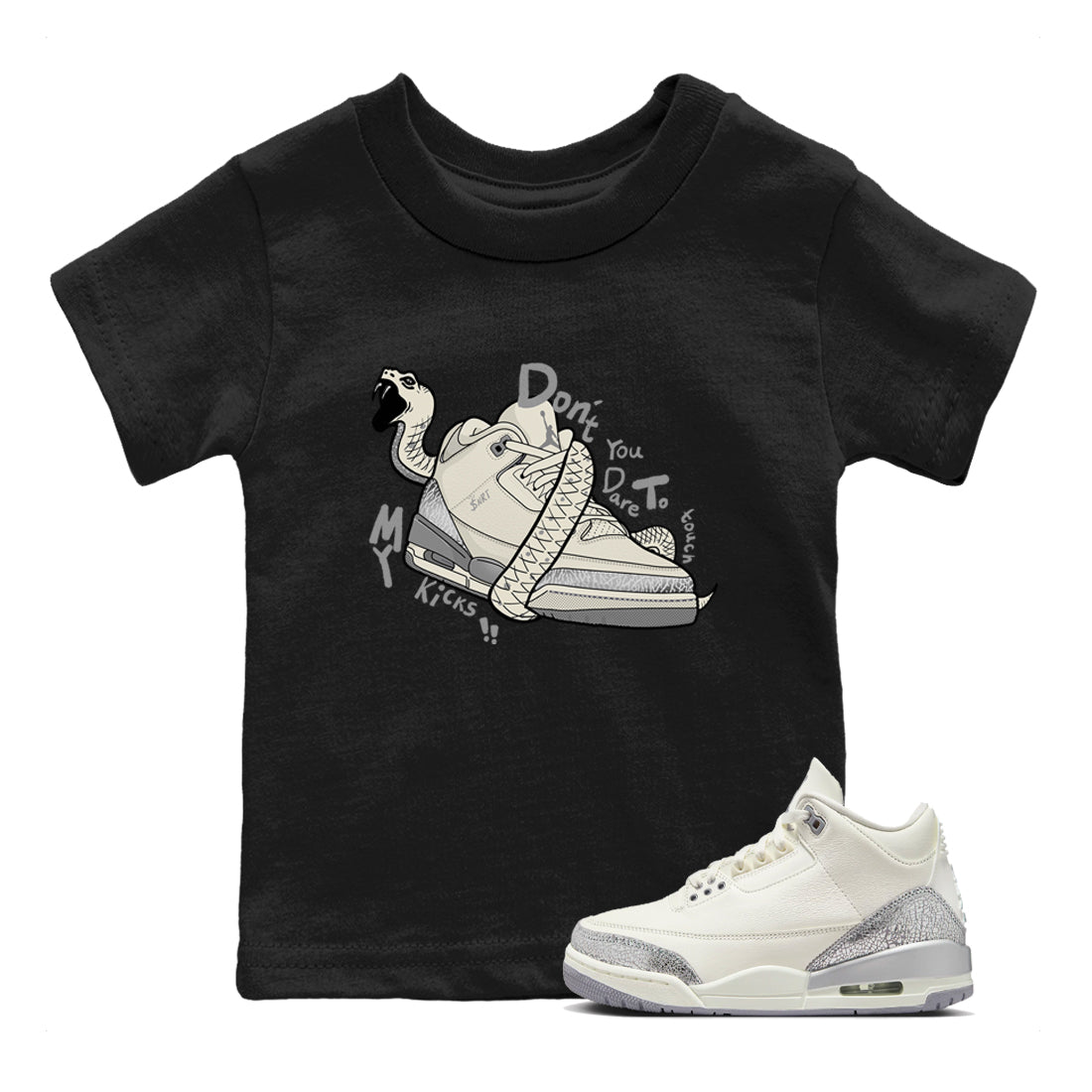 Don't Touch My Kicks snkmatch Tees Kids - Air Jordan 3 Sail and Cement Grey