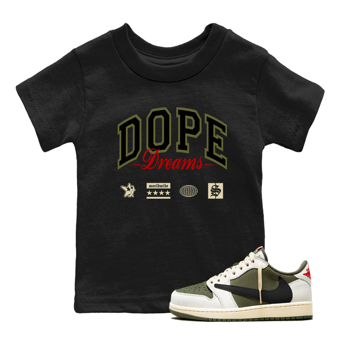 Dope Dreams snkmatch Tees Kids - Air Jordan 1 Travis Scott Medium Olive