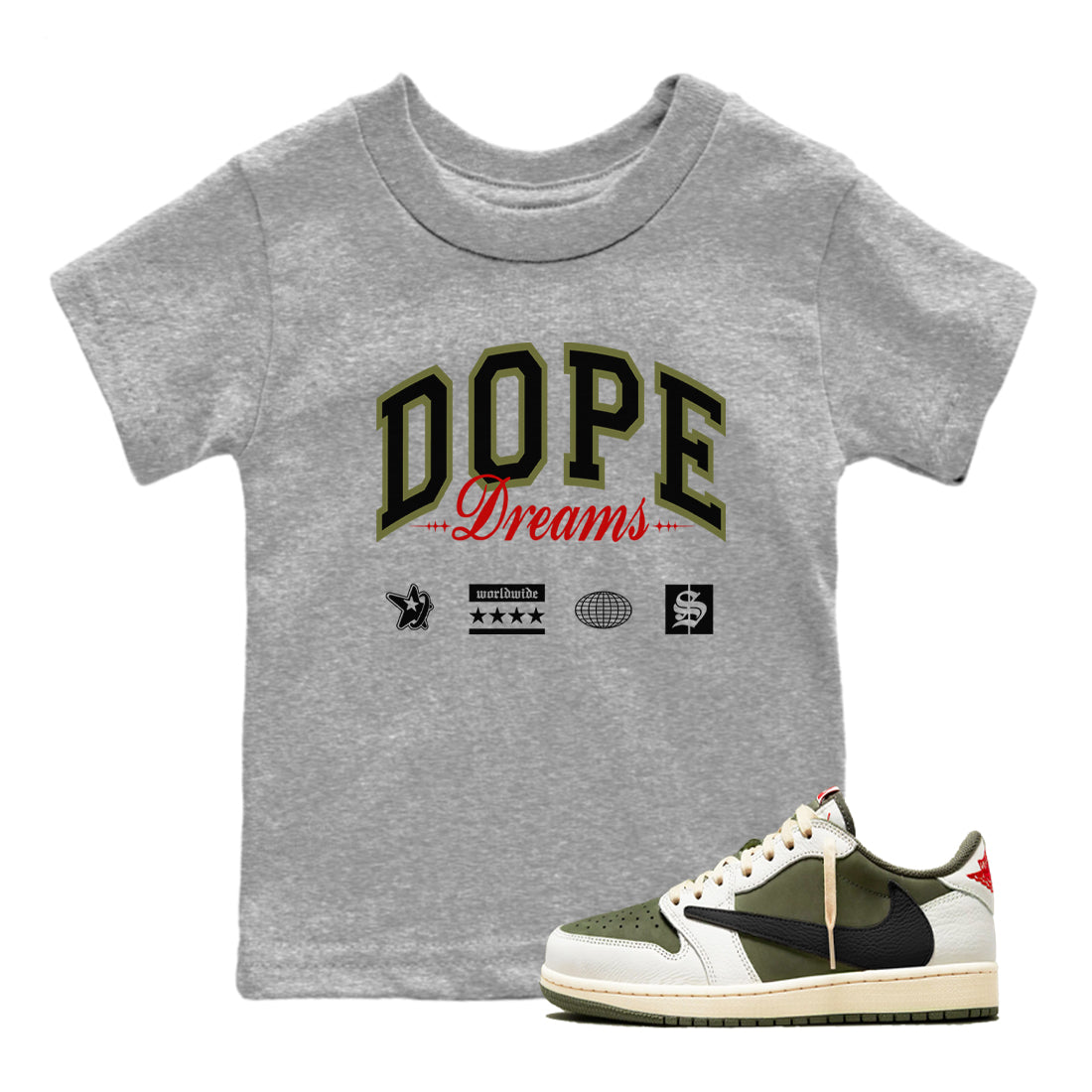 Dope Dreams snkmatch Tees Kids - Air Jordan 1 Travis Scott Medium Olive