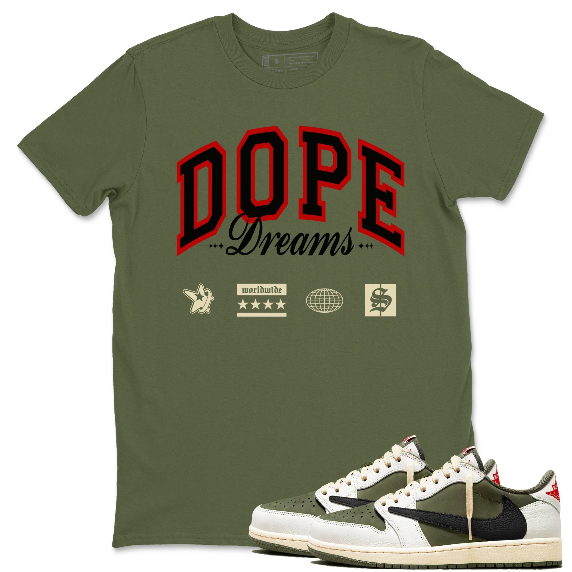 Dope Dreams snkmatch Tees - Air Jordan 1 Travis Scott Medium Olive