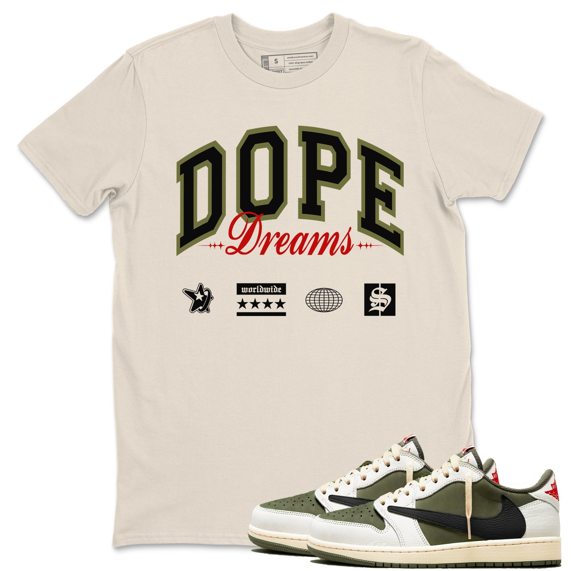 Dope Dreams snkmatch Tees - Air Jordan 1 Travis Scott Medium Olive