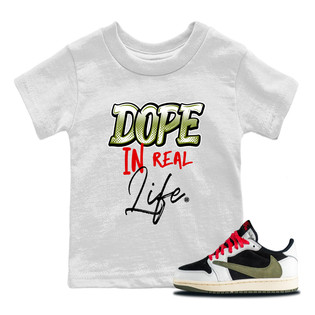 Dope In Real Life Kids Tops - Air Jordan 1 Travis Scott Olive