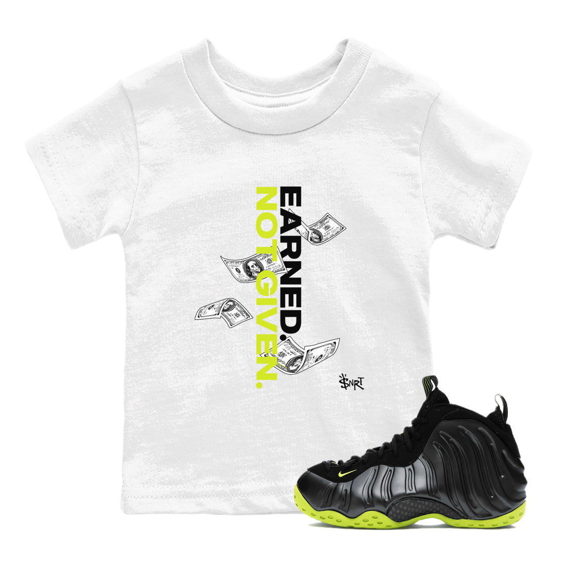 Earned Not Given snkmatch Tees Kids - Air Foamposite One Black Volt