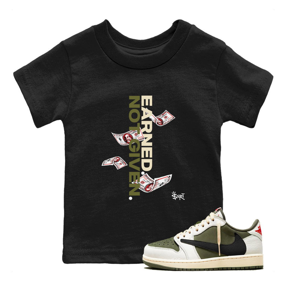Earned Not Given snkmatch Tees Kids - Air Jordan 1 Travis Scott Medium Olive
